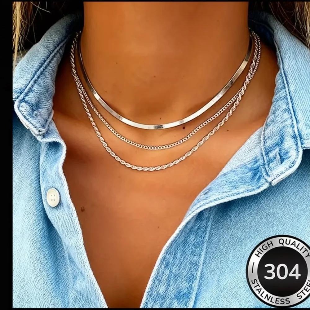 304 Stainless Steel Triple Layer Necklace Set Silver